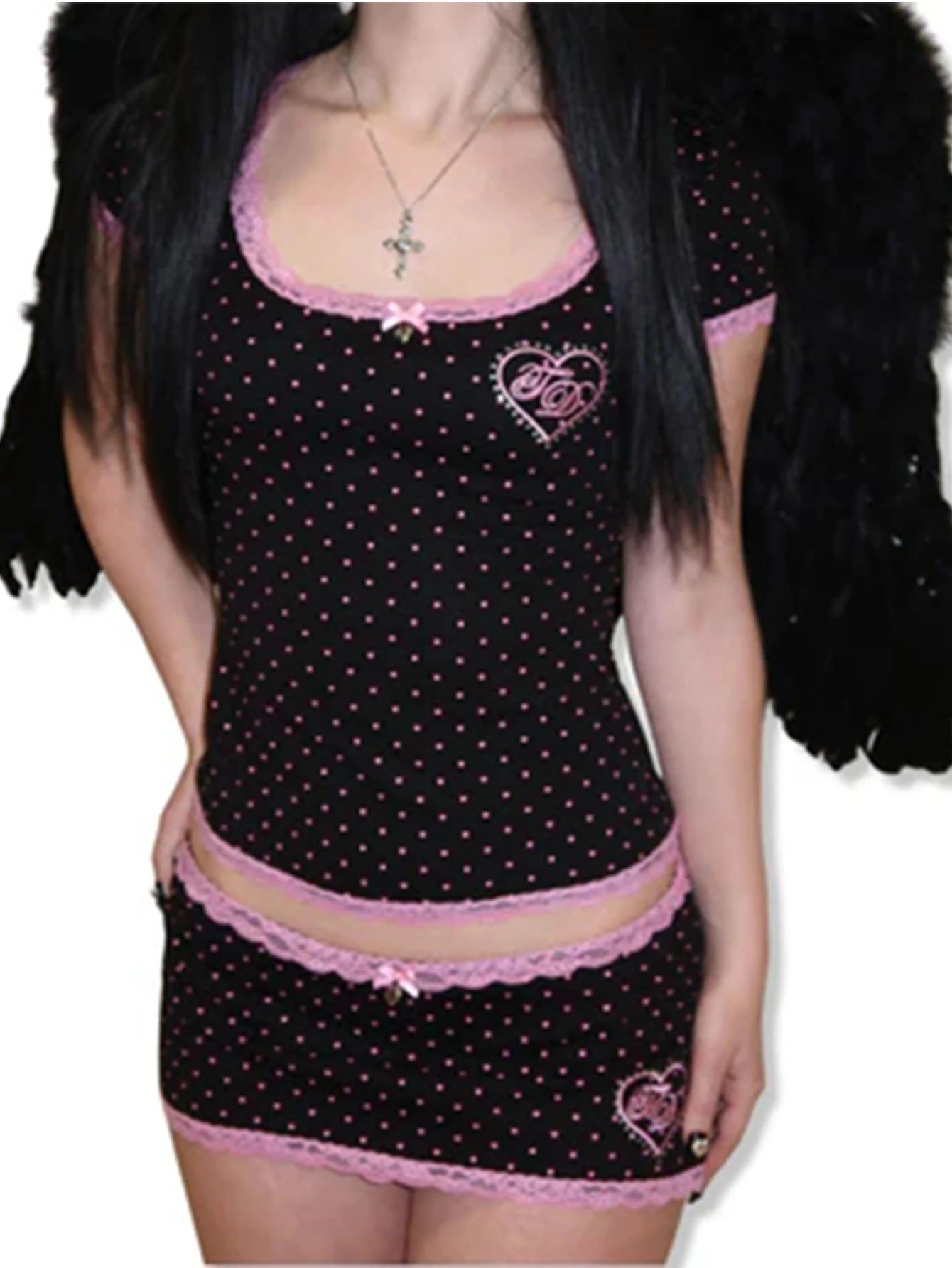 Y2K Millennium Black Pink Polka Dot Crop T Shirt Women Lace Trim Heart Embroidery Slim Sweet Spicy Girl Short Top
