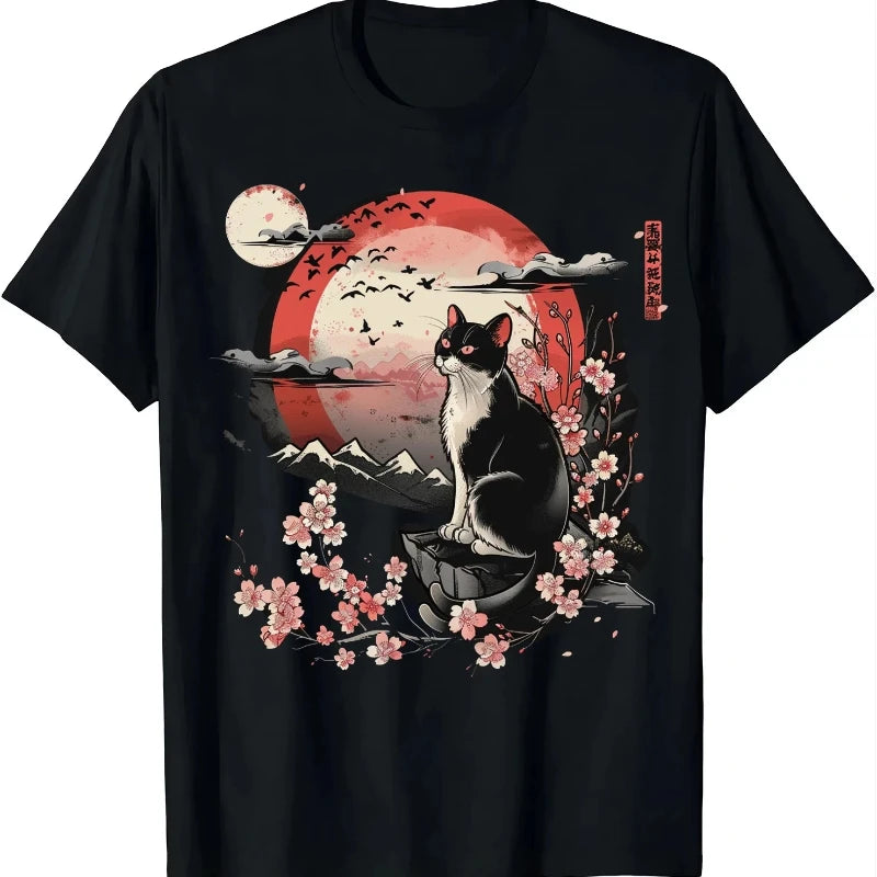 Cute Retro Japanese Style Cat Print T-shirts Summer Women Men Funny Casual Fashion Streetwear Y2K Tops O-Neck Short Sleeve Tees