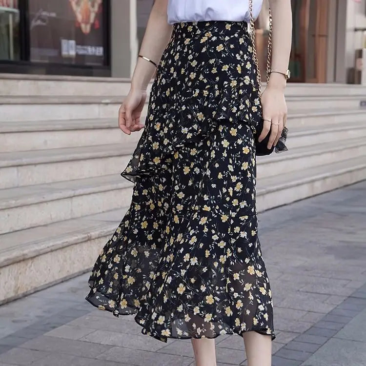 Elegant Vintage Women Floral Chiffon Midi Skirt Koreon Fashion New High Waist Y2k Irregular Ruffles Spring Summer Casual Skirts