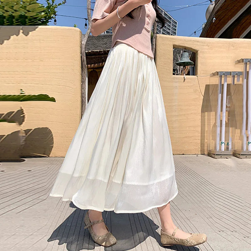 Korean Fashion Women Chiffon Skirt Summer High Waist Loose Ankle-Length Skirt Female Casual All Match A Line Skirts New