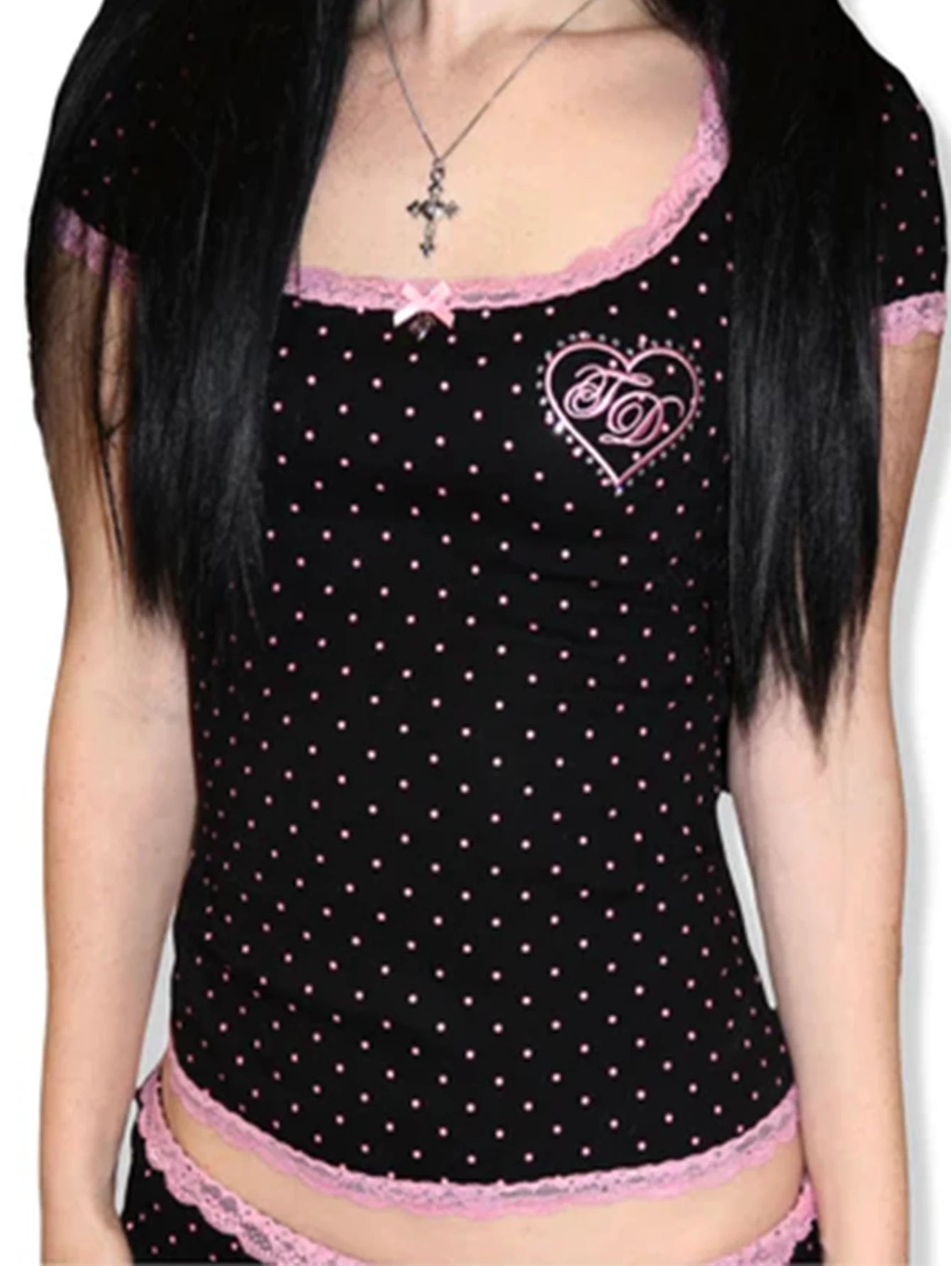 Y2K Millennium Black Pink Polka Dot Crop T Shirt Women Lace Trim Heart Embroidery Slim Sweet Spicy Girl Short Top