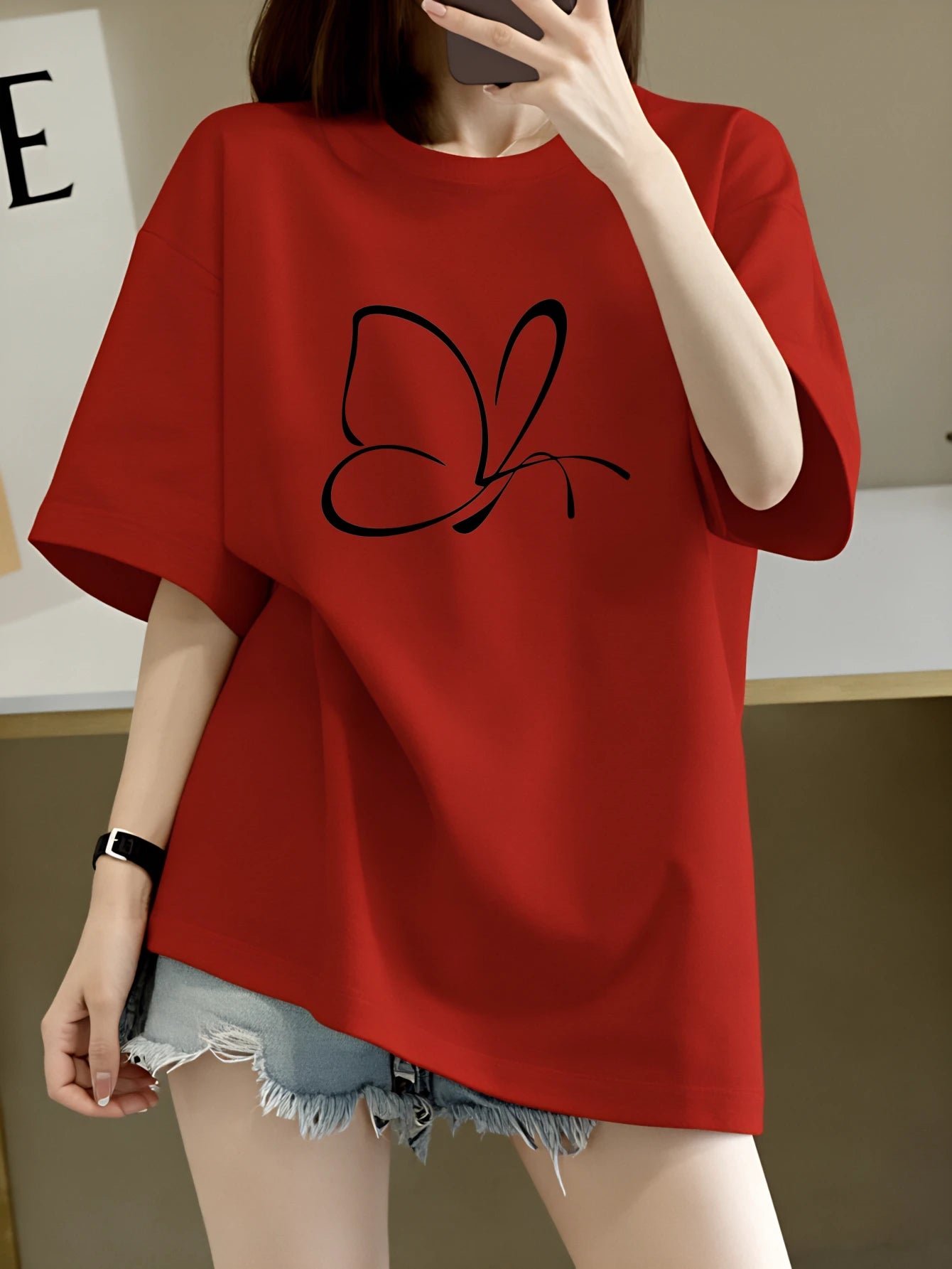 2026 Lady Tops Butterfly Print Sleeve T-Shirt Black White Red Light Gray Dark Gray Casual  Harajuku Sleeve Casual Aesthetic