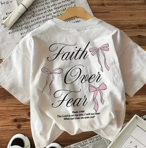 "Faith Over Fear" Inspirational Quote & Bow Print Double-Sided T-Shirt Women's Casual Crew Neck Short Sleeve Regular Length Tee