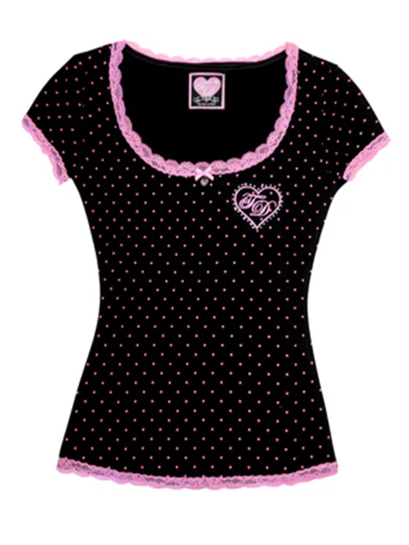 Y2K Millennium Black Pink Polka Dot Crop T Shirt Women Lace Trim Heart Embroidery Slim Sweet Spicy Girl Short Top