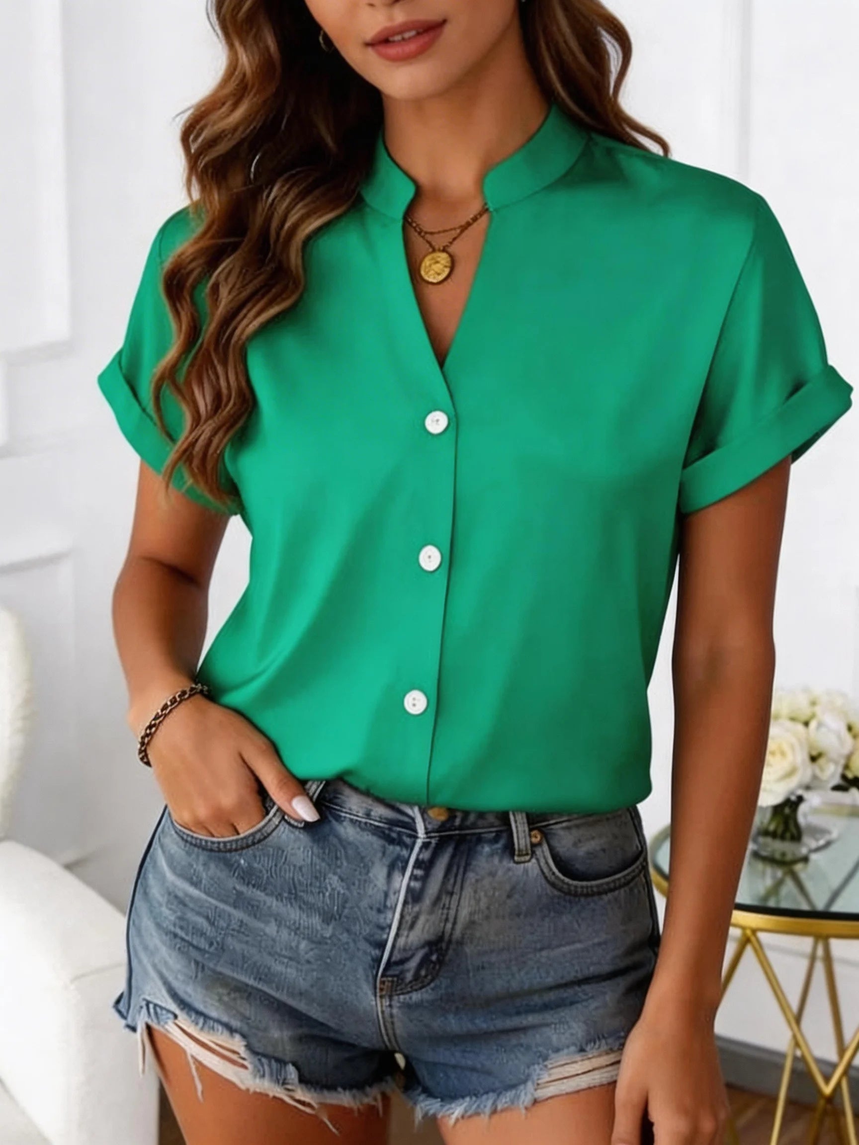 European style simple V-neck blouse for women - Summer short-sleeved loose-fitting slimming professional business shirt