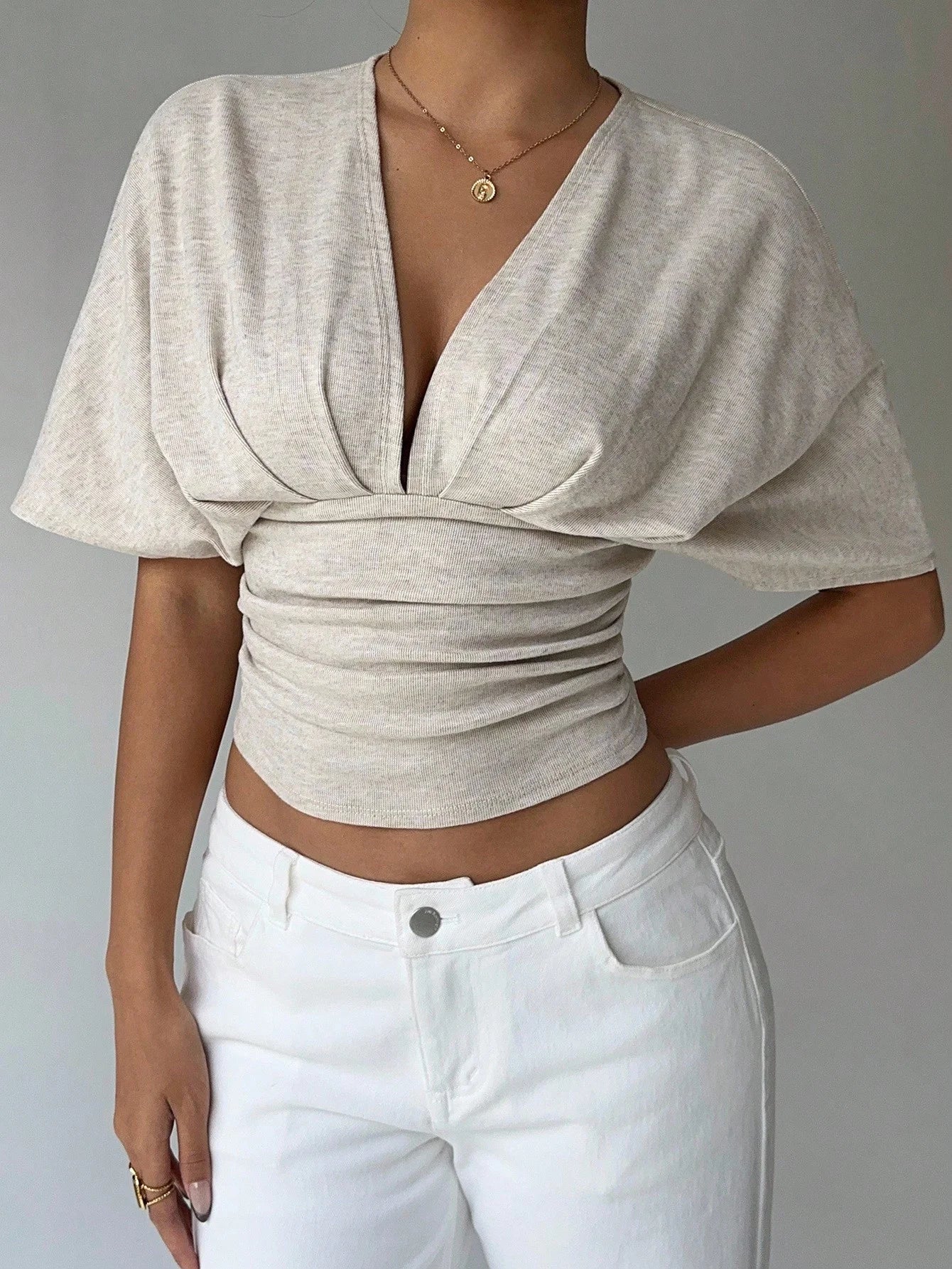 Women's Summer Apricot Deep V-Fold Short Sleeve Tight fitting Women's T-shirt