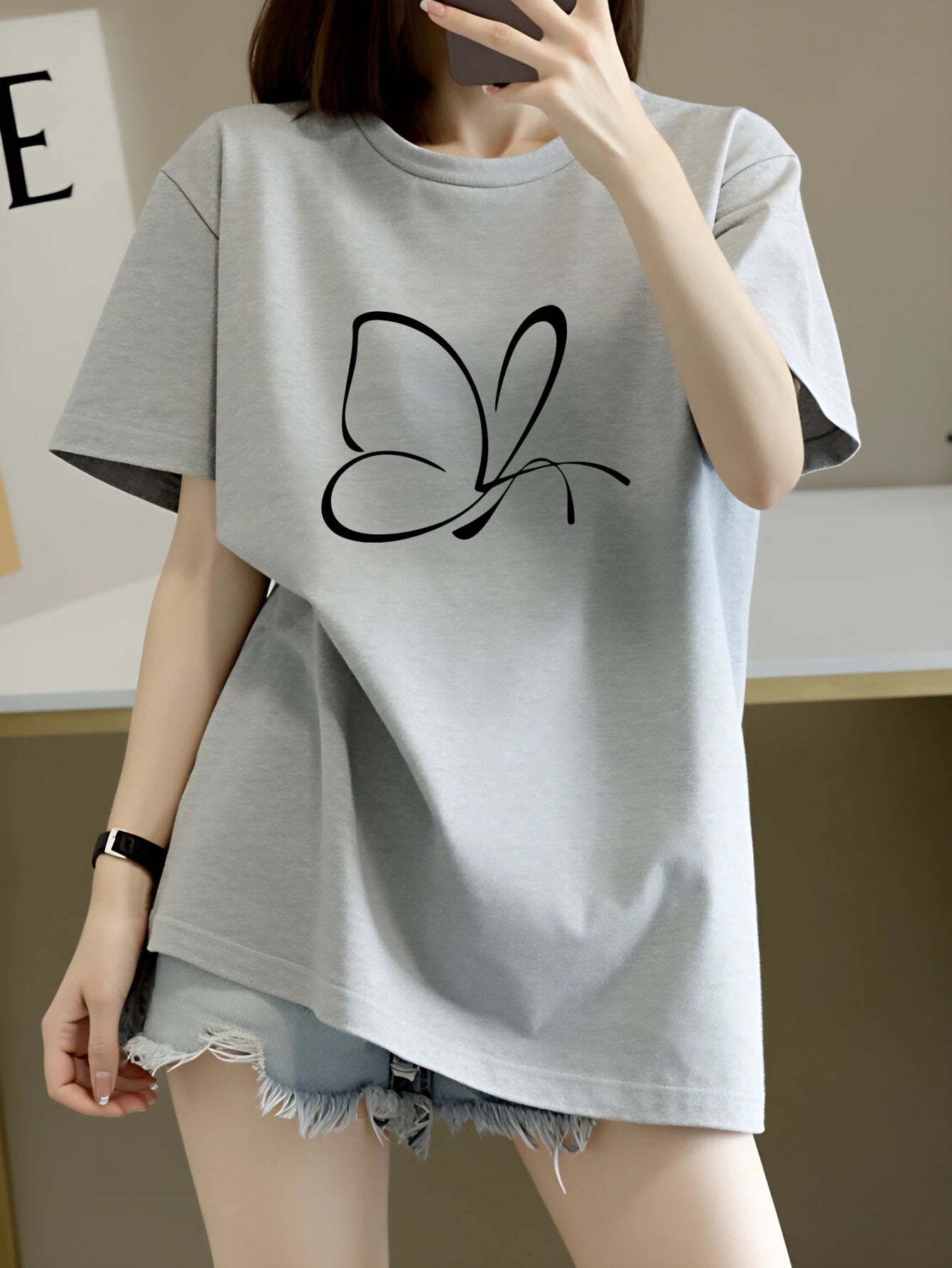 2026 Lady Tops Butterfly Print Sleeve T-Shirt Black White Red Light Gray Dark Gray Casual  Harajuku Sleeve Casual Aesthetic