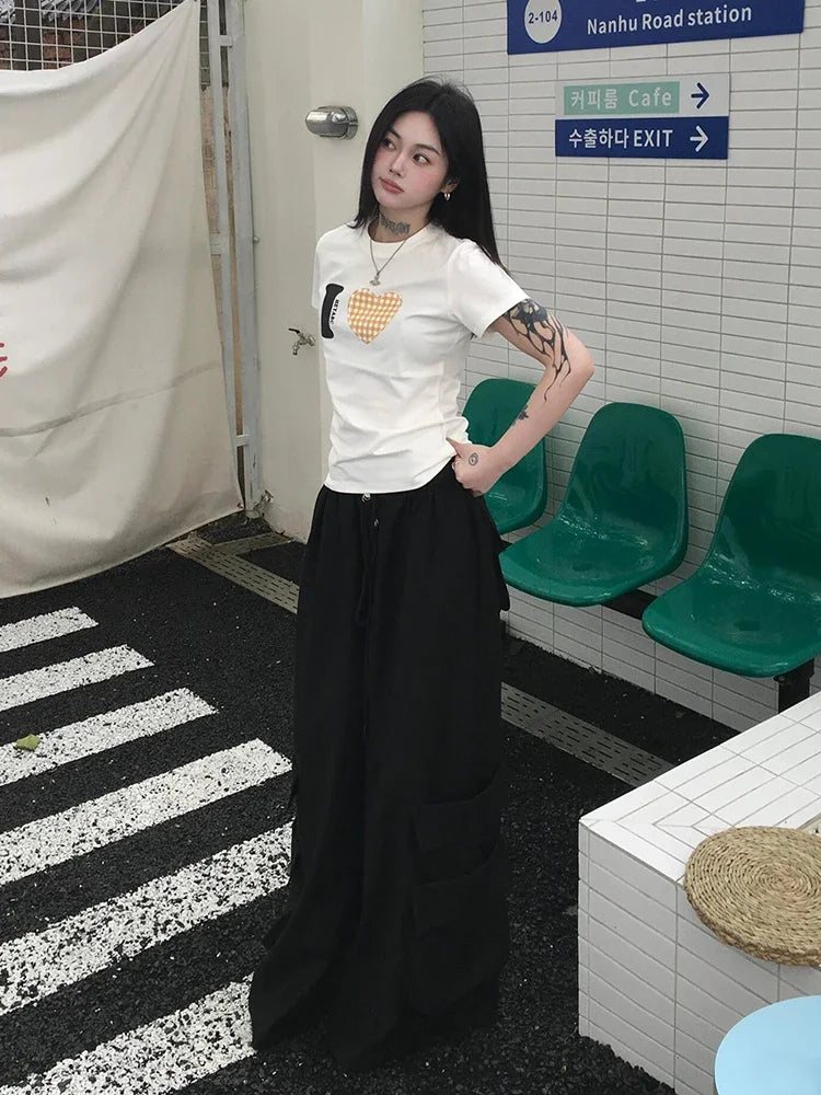 Summer Love Pattern Print T-shirt Women Short Sleeve Casual Y2k Vintage Tops Streetwear T Shirt  American Fashion Tee
