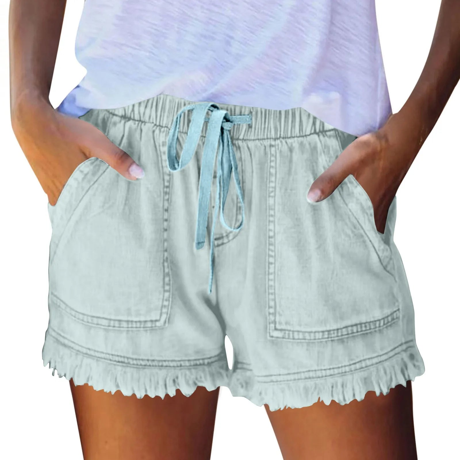 Ladies' Washed Solid Color Slimming Tassel Edge Denim Shorts Fashion Sexy Elastic Waist Leisure Pockets Summer Short Trousers