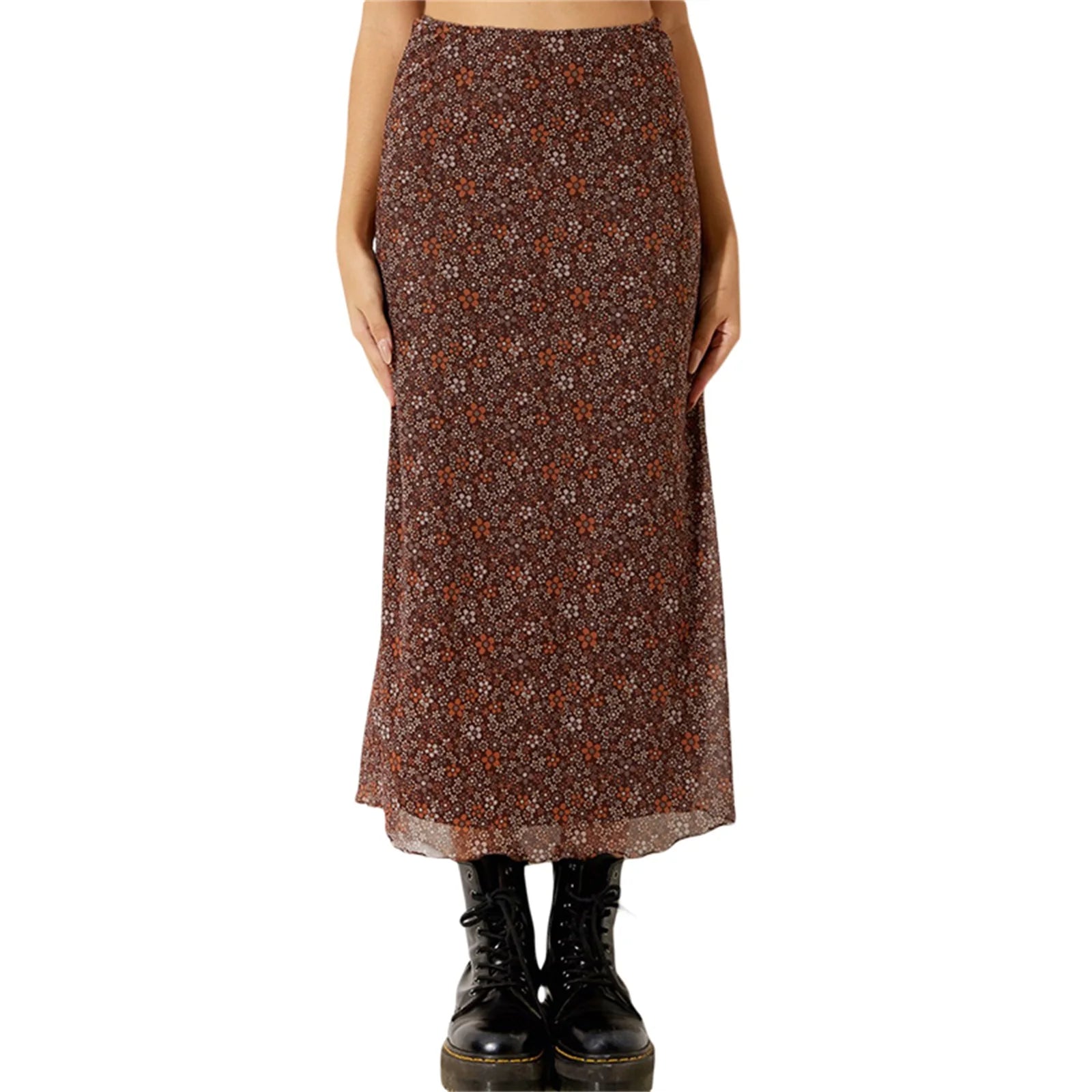 Women Y2K Fairy Grunge Midi Skirt A Line Pleated Bodycon Long Skirt Floral Print Mesh Maxi Skirts Vintage Fairycore Streetwear