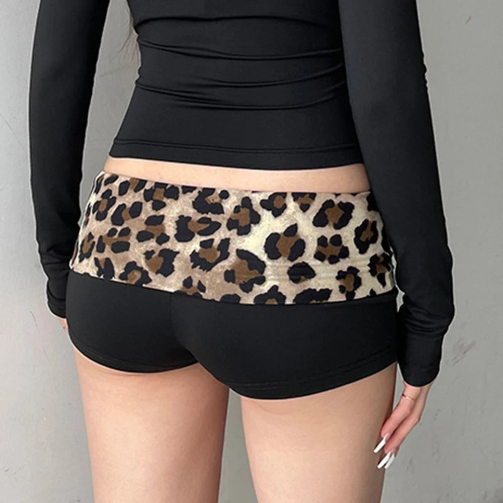 Womens Sexy Sport Shorts Leopard Low Waist Lapel Yoga Shorts Korean Frayed Ladies Skinny Streetwear Double-layer Elastic Shorts