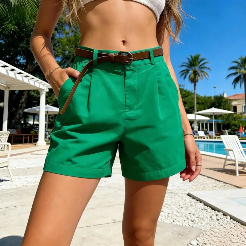 Korean Solid Loose Casual Biker Shorts Women Spring Summer Women's Shorts High Waist Thin Wide Leg Short Pants with Belt