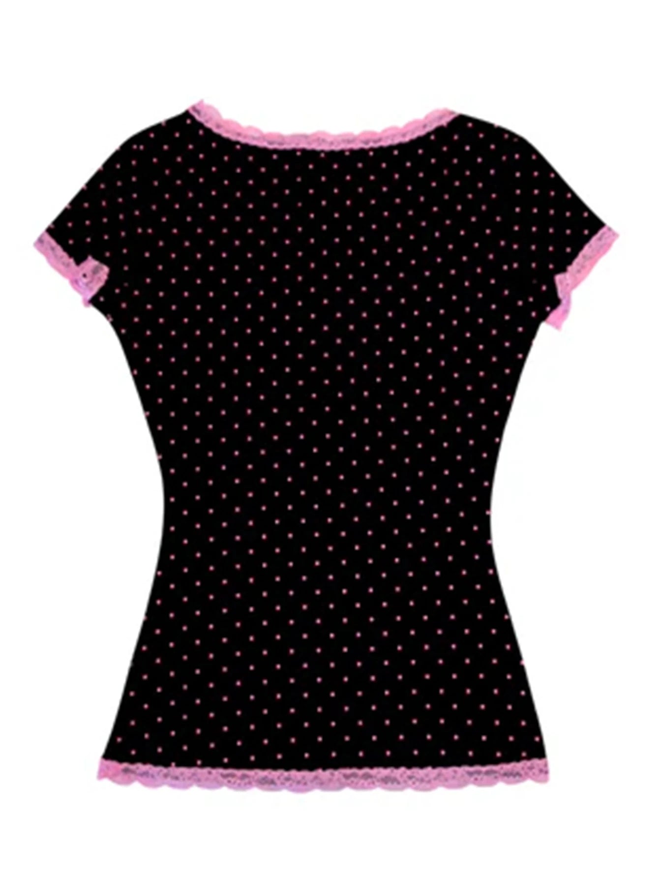 Y2K Millennium Black Pink Polka Dot Crop T Shirt Women Lace Trim Heart Embroidery Slim Sweet Spicy Girl Short Top