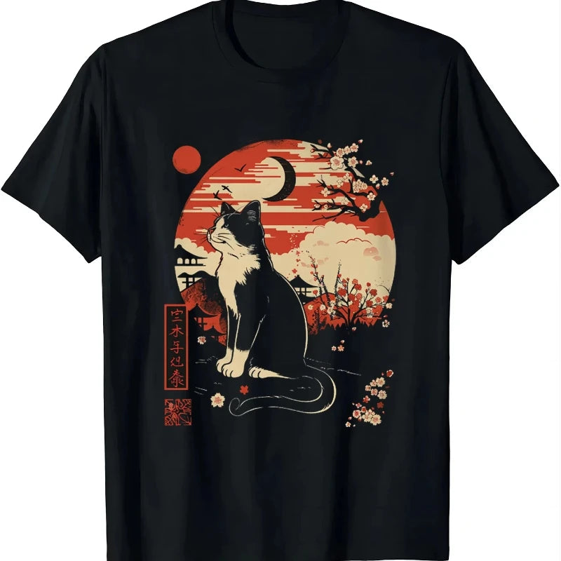 Cute Retro Japanese Style Cat Print T-shirts Summer Women Men Funny Casual Fashion Streetwear Y2K Tops O-Neck Short Sleeve Tees
