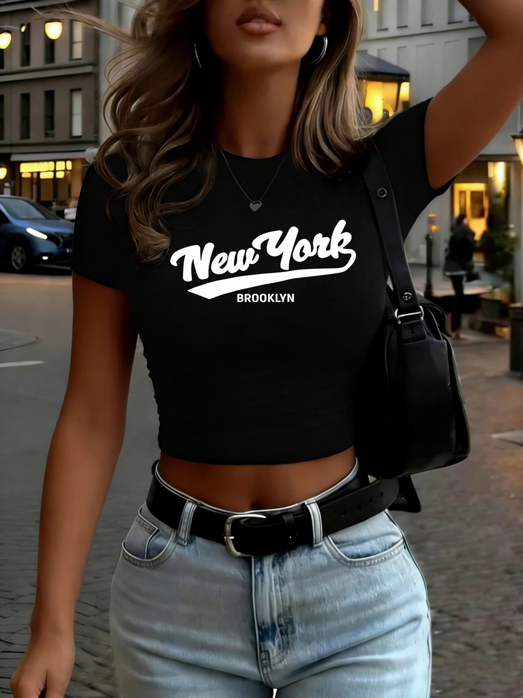 New York Brooklyn Art Letter Design Women Crop T-Shirt Casual Crewneck Tee Shirts Summer Breathable T Shirt Slim Yoga Top