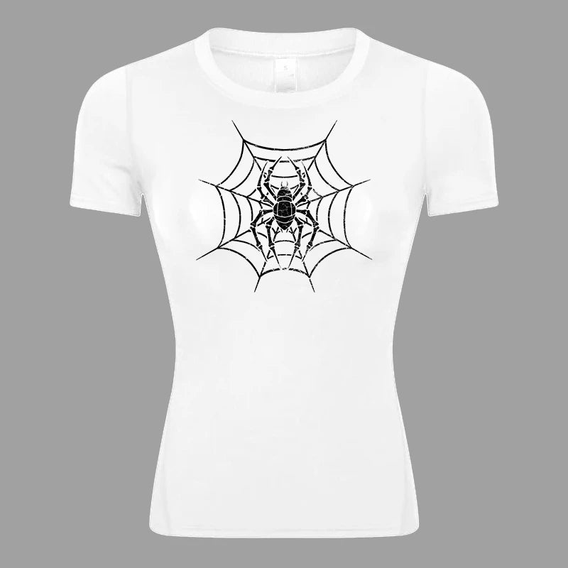 Spider Print Short Sleeve Compression Shirt for Women Athletic Running Workout Yoga T-Shirt Tees Baselayer Tops Gym Sports Gear