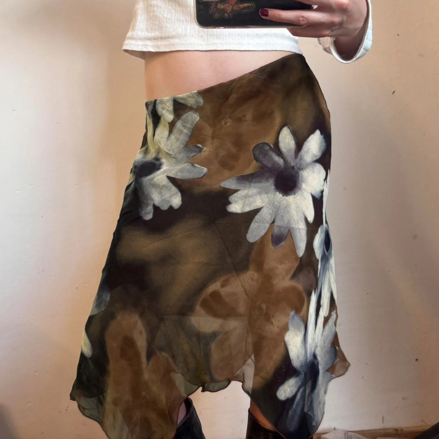 SUCHCUTE Y2K Floral Print Mesh Asymmetrical Skirt Woman Low Rise Midi A-line Skirts Aestheics 2000s Clothing Summer Outfit 2026