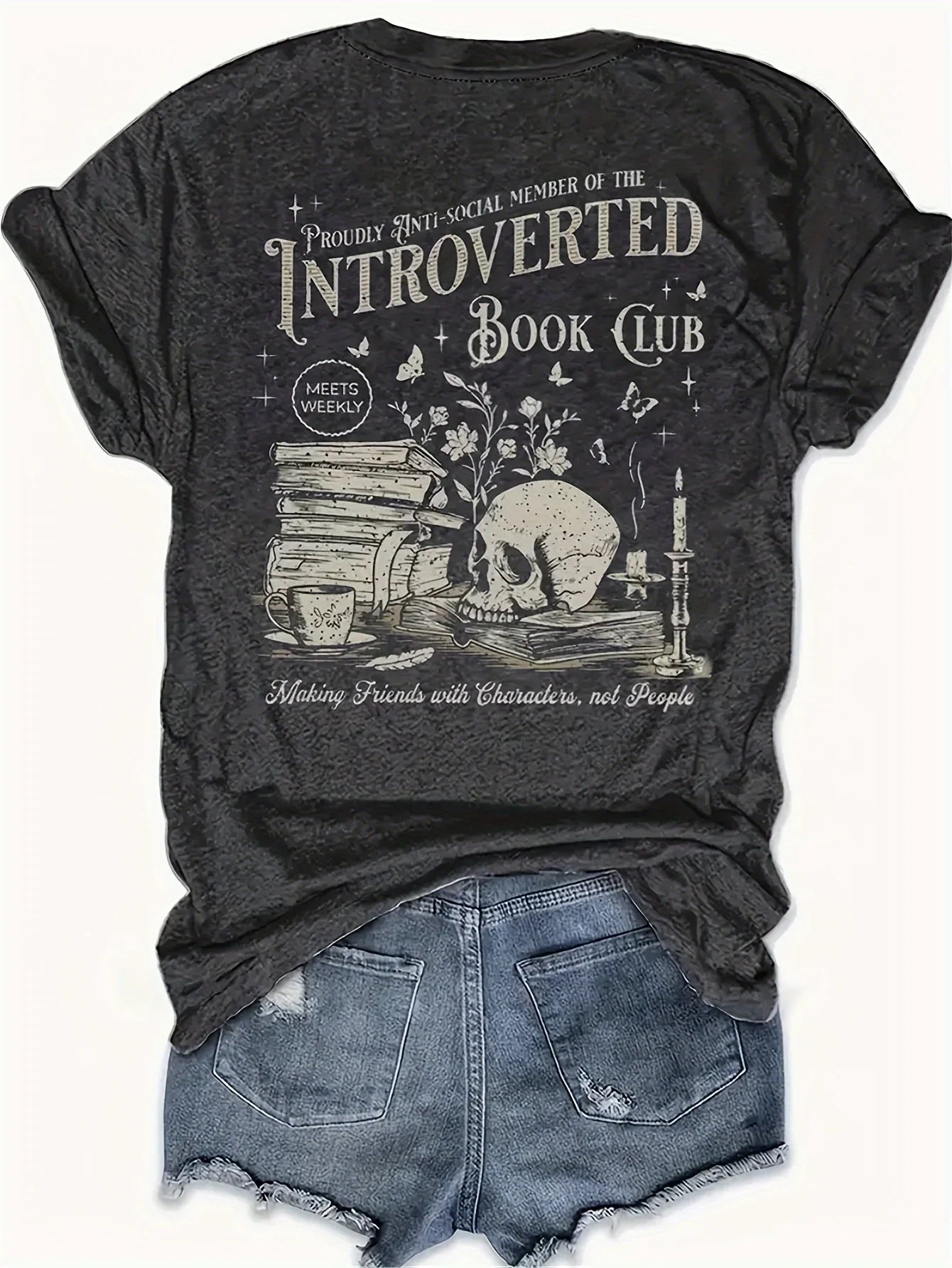 Introverted Book Club Women's Tee - Skull & Books Graphic, Casual Dark Grey Top
