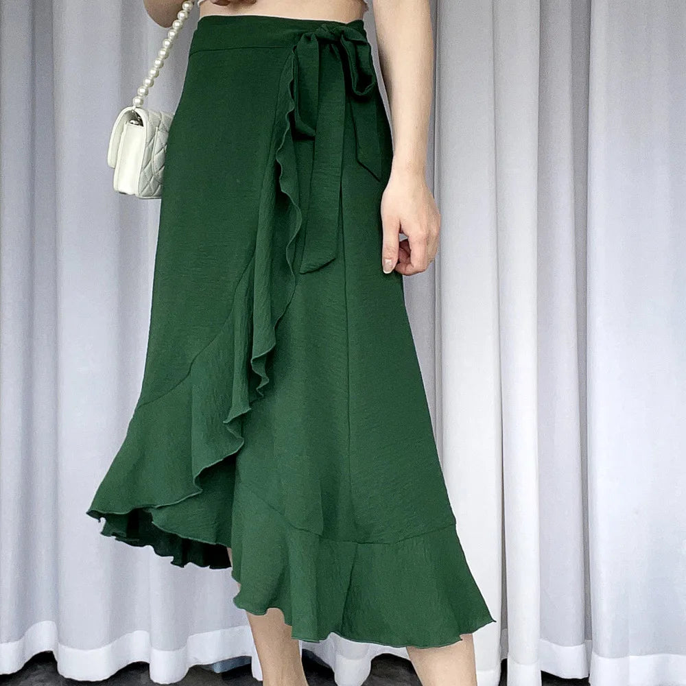 Long Skirts For Womens 2026 Summer Fashion Lace Up Ruffles Solid Color High Waist Bodycon Skirt Female Casual Chiffon Skirt