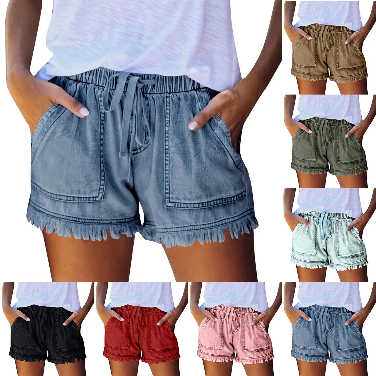 Ladies' Washed Solid Color Slimming Tassel Edge Denim Shorts Fashion Sexy Elastic Waist Leisure Pockets Summer Short Trousers