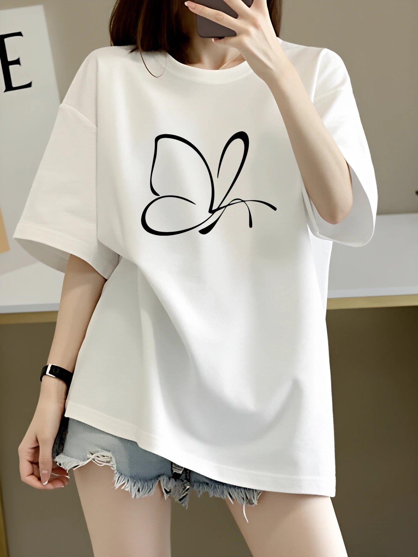 2026 Lady Tops Butterfly Print Sleeve T-Shirt Black White Red Light Gray Dark Gray Casual  Harajuku Sleeve Casual Aesthetic