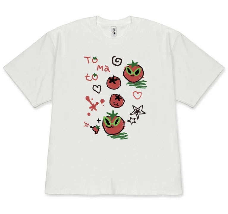 Colorful Hand Drawn Doodle Tomato Graphic T-Shirt, Cute Tomato Print Tee, Aesthetic Food Shirt for Women Men Casual Top Y2k