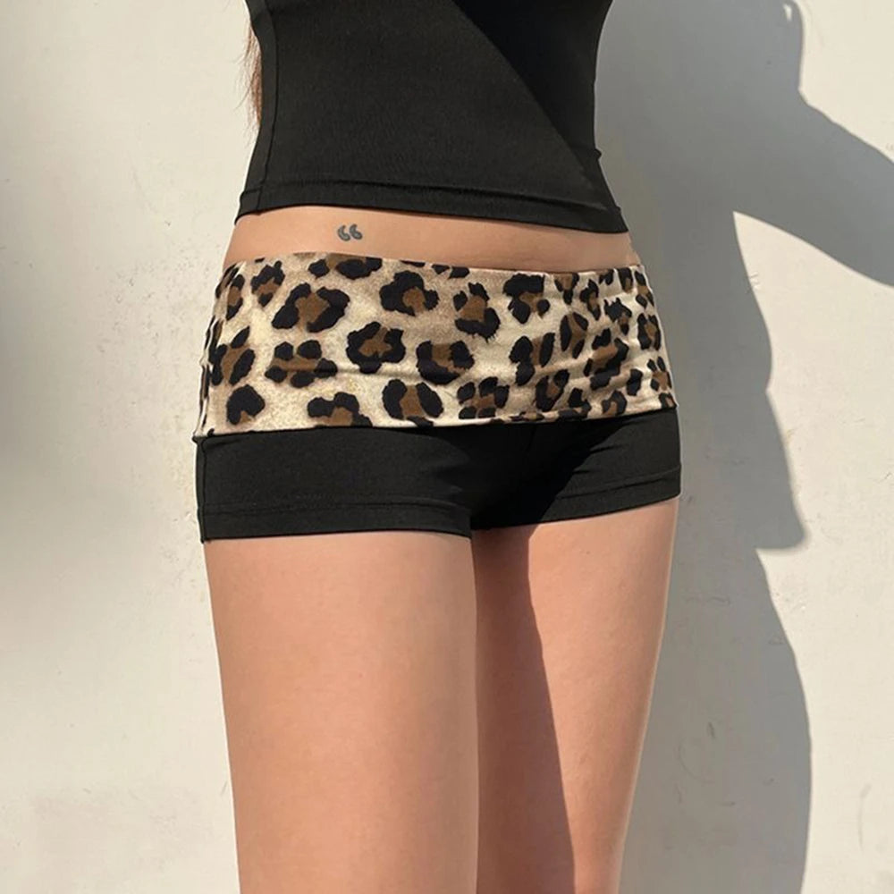 Womens Sexy Sport Shorts Leopard Low Waist Lapel Yoga Shorts Korean Frayed Ladies Skinny Streetwear Double-layer Elastic Shorts