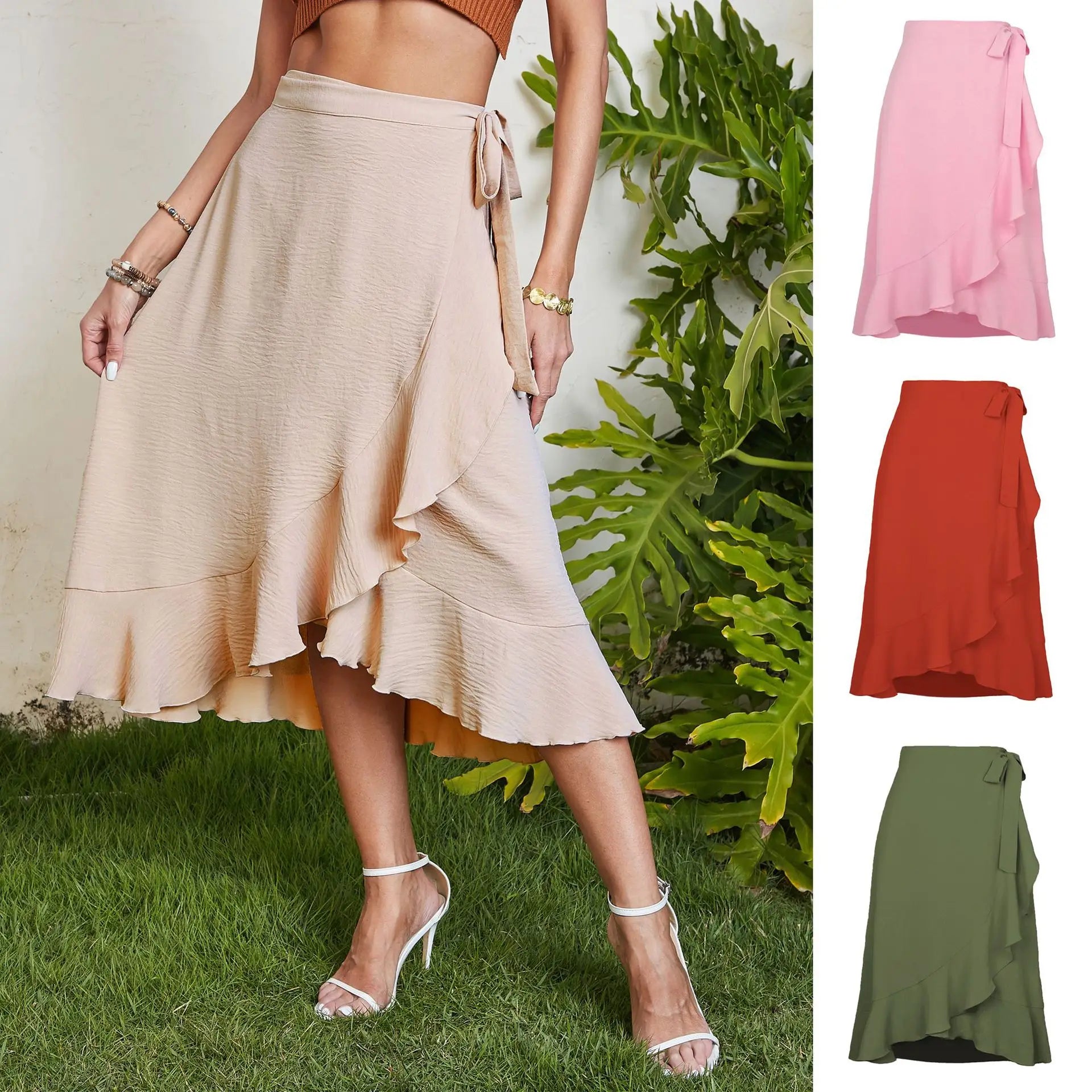 Long Skirts For Womens 2026 Summer Fashion Lace Up Ruffles Solid Color High Waist Bodycon Skirt Female Casual Chiffon Skirt