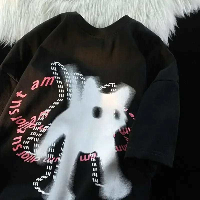 Cute T-shirt Women Design O-neck Short-sleeved Ins Trend Couple Cat Print Versatile Loose Y2k Top Women's T-shirt Graphic